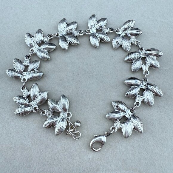Floral Blue Rhinestone Bracelet With Silver-Tone Setting & Adjustable Lobster Cl - Picture 6 of 7